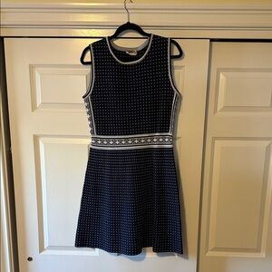 Tory Burch Navy and White Sleeveless Knit Fit-and-Flare Dress